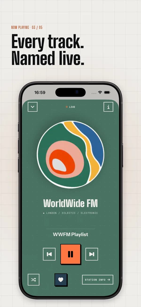 muso.fm on iPhone: every track named live on the Now Playing screen